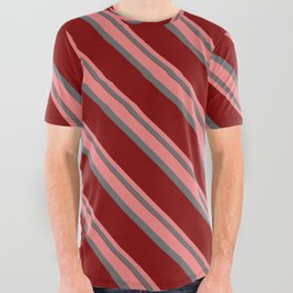[ Thumbnail: Light Coral, Dim Grey & Maroon Colored Pattern of Stripes All Over Graphic Tee ]