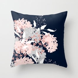 Festive, Wildflowers, Floral Print, Navy Blue and Pink Throw Pillow