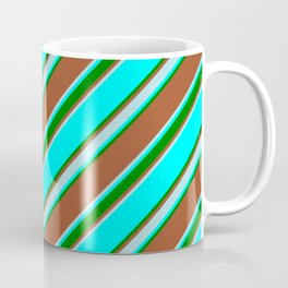 [ Thumbnail: Sienna, Powder Blue, Aqua & Green Colored Stripes Pattern Coffee Mug ]