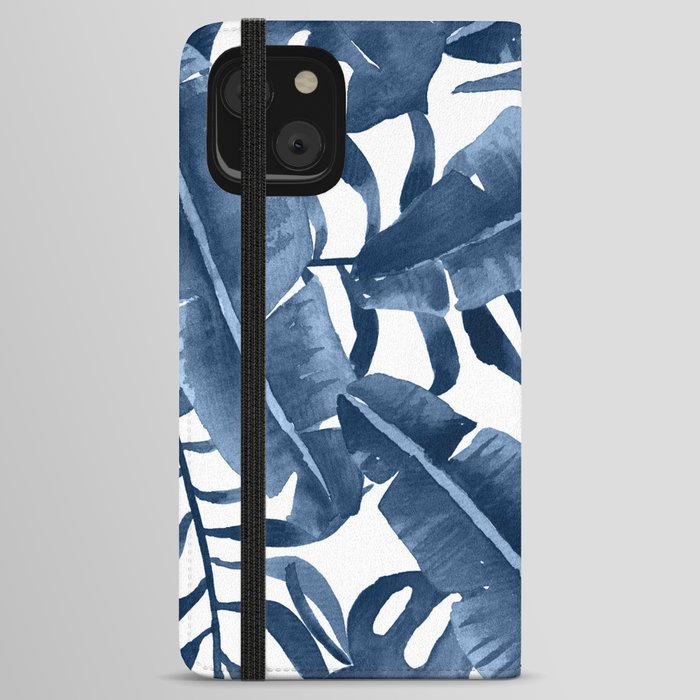 Blue watercolor tropical palm leaves  iPhone Wallet Case