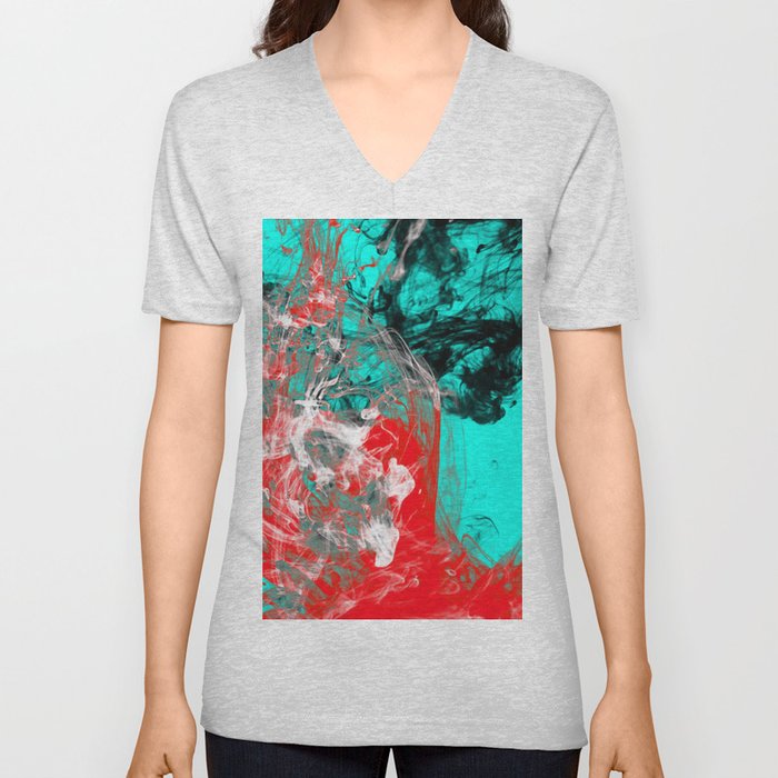 Marbled Collision - Abstract, red, blue, black and white mixed paint artwork V Neck T Shirt