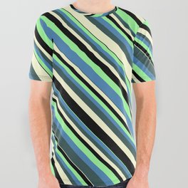 [ Thumbnail: Colorful Green, Blue, Dark Slate Gray, Light Yellow, and Black Colored Stripes/Lines Pattern All Over Graphic Tee ]
