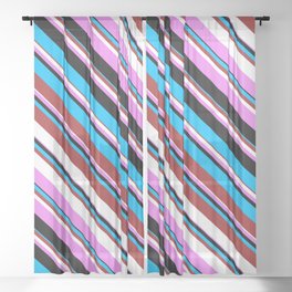 [ Thumbnail: Deep Sky Blue, Brown, White, Violet, and Black Colored Striped/Lined Pattern Sheer Curtain ]