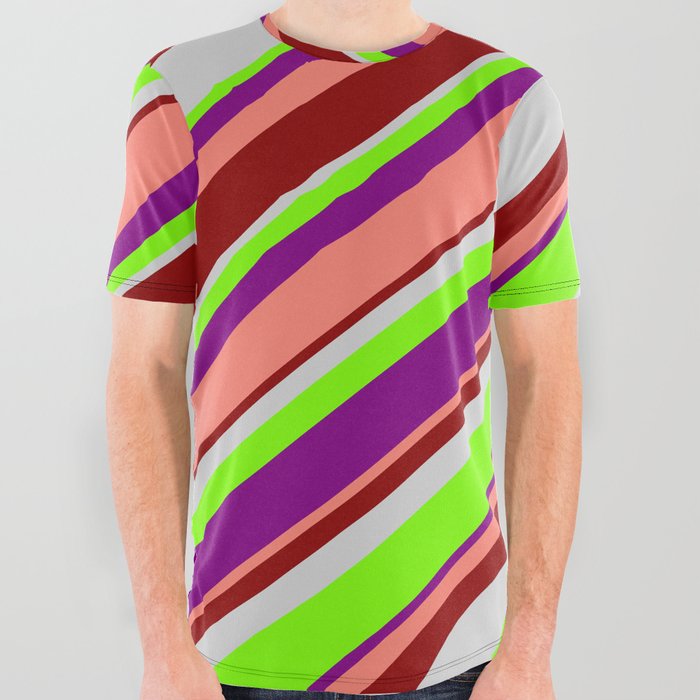 Light Grey, Green, Purple, Salmon, and Dark Red Colored Striped Pattern All Over Graphic Tee