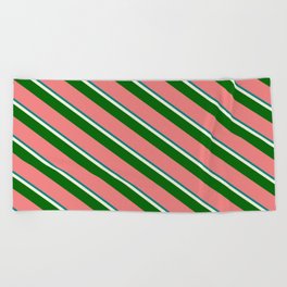 [ Thumbnail: Teal, Beige, Dark Green & Light Coral Colored Lines Pattern Beach Towel ]