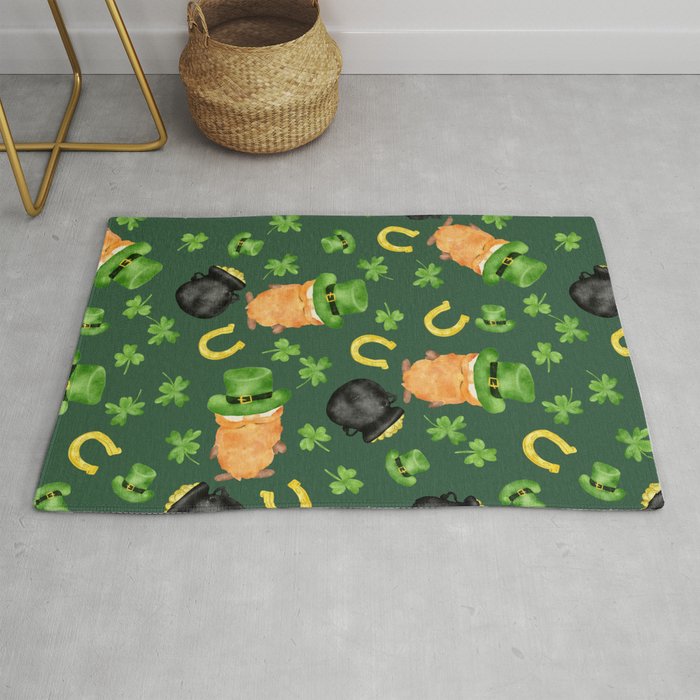 St Patrick gnome clover luck watercolor pattern Rug