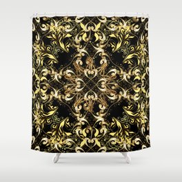 vintage illustration. Vintage seamless pattern on a black, yellow and brown colors with golden elements.  Shower Curtain