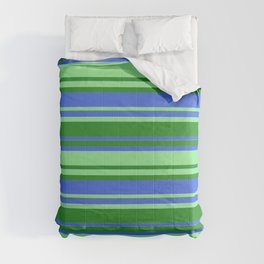 [ Thumbnail: Forest Green, Royal Blue & Light Green Colored Striped Pattern Comforter ]