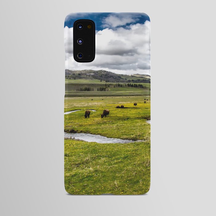 Yellowstone, Home on the range, American buffalo / bison grazing in spring fields of green river prairie landscape color photograph / photography Android Case