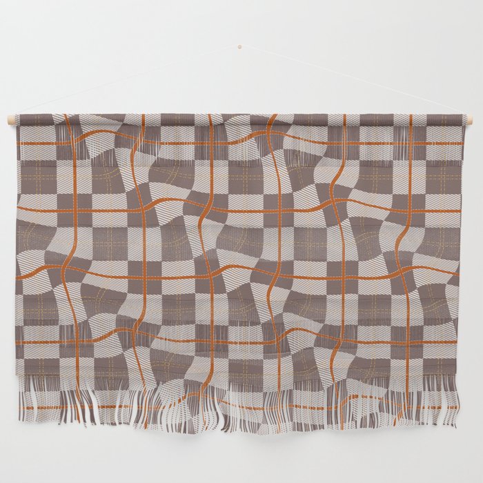 Warped Checkerboard Grid Illustration Coral Red Brown Beige Wall Hanging