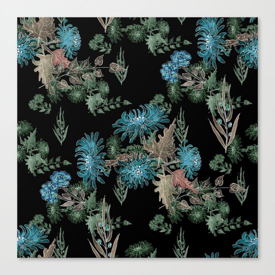 Blue chrysanthemums. Black . Watercolor . Canvas Print