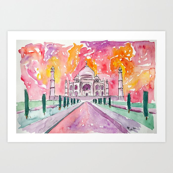 Taj Mahal - Colorful Crown of the Palace and Love Art Print