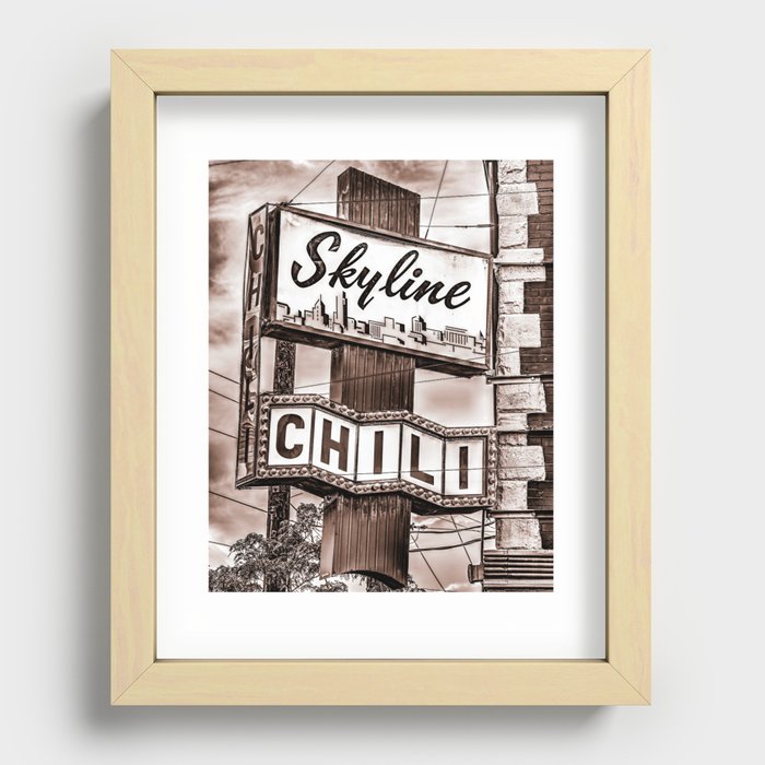 Cincinnati Skyline Chili Store Sign In Clifton - Sepia Recessed Framed Print