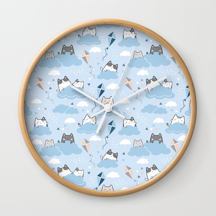 Seamless Pattern Cute Kawaii Cats clouds kite Wall Clock