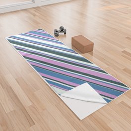 [ Thumbnail: Blue, Plum, Dark Slate Gray, and Mint Cream Colored Lined/Striped Pattern Yoga Towel ]