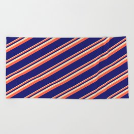 [ Thumbnail: Tan, Red, and Midnight Blue Colored Lined Pattern Beach Towel ]
