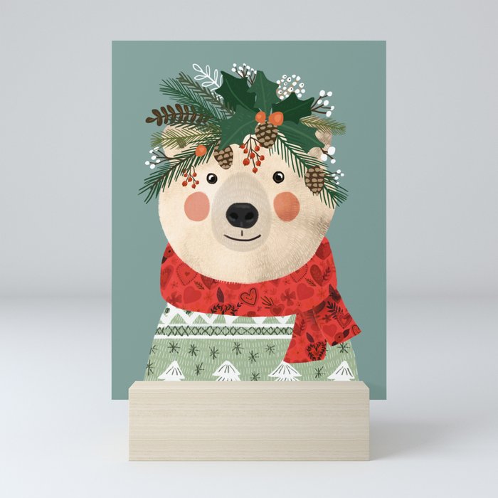 Polar Bear With Christmas Flowers Mini Art Print