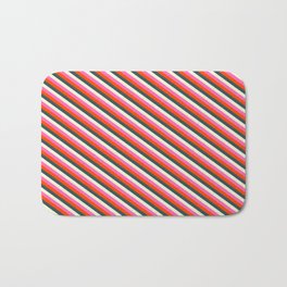 [ Thumbnail: Hot Pink, Red, Dark Slate Gray & Beige Colored Lined/Striped Pattern Bath Mat ]