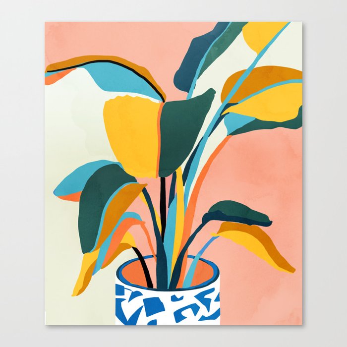 Nature Doesn't Hurry Yet All Is Accomplished, Colorful Botanical Plant Pot Illustration Tropical Canvas Print