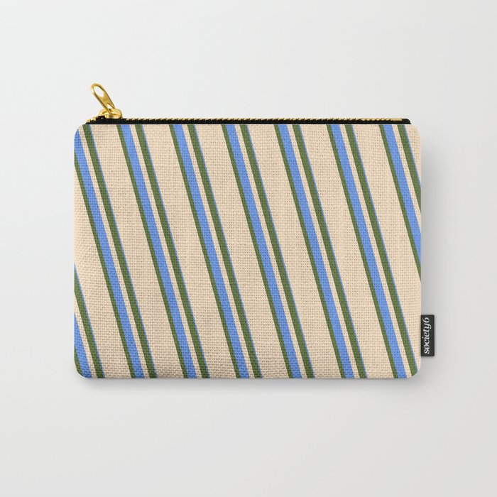 Dark Olive Green, Bisque, and Cornflower Blue Colored Stripes Pattern Carry-All Pouch