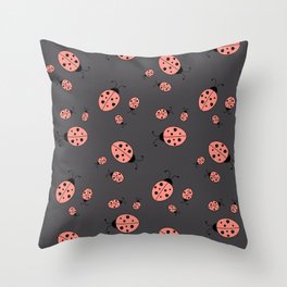 Ladybugs in Coral Pink on Dark Gray Throw Pillow