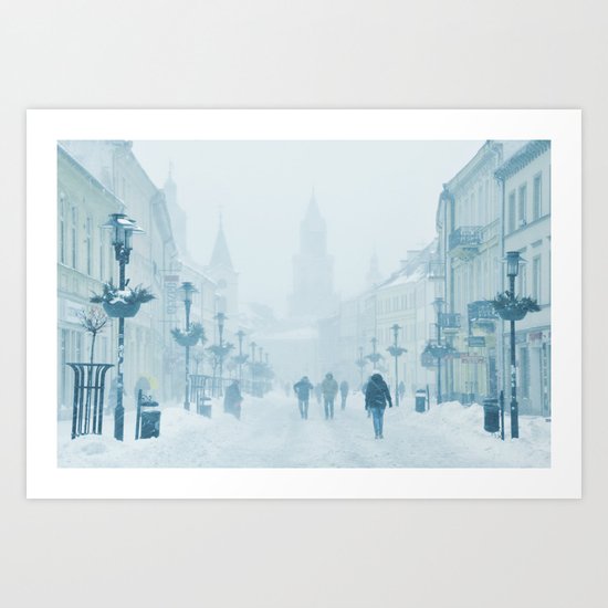 Foggy and snowy day Art Print