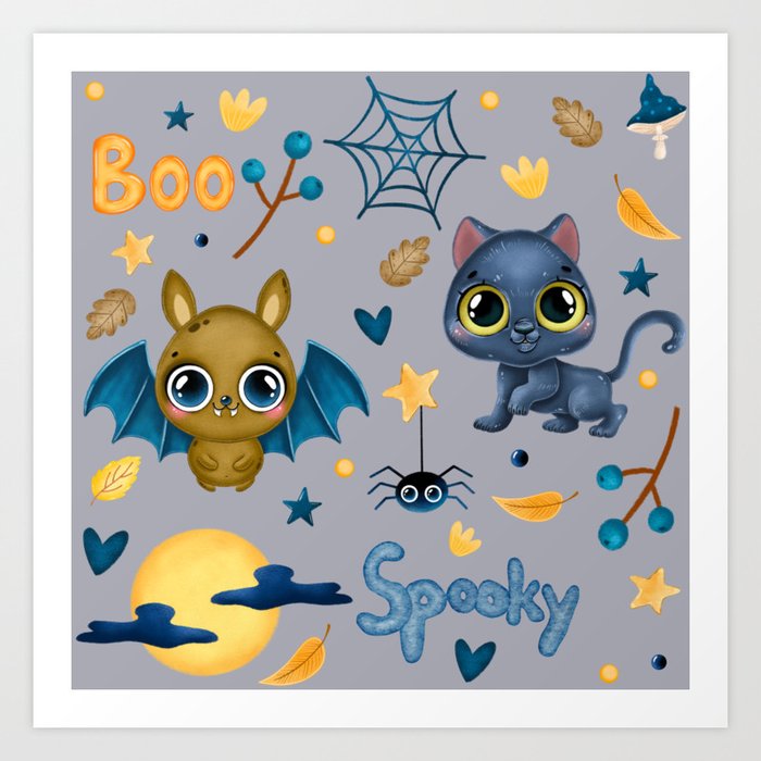 Cute Chibi Anime Bats & Magic Manga Cats | Mid Grey/Gray - Halloween Art Print