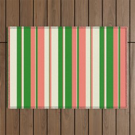 [ Thumbnail: Salmon, Forest Green & Beige Colored Lined Pattern Outdoor Rug ]