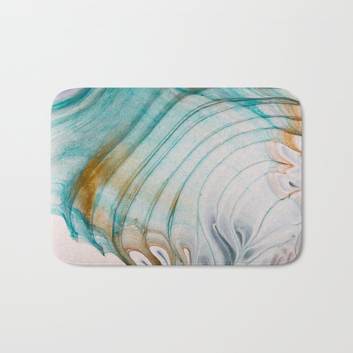 teal gold and white acrylic waves Bath Mat