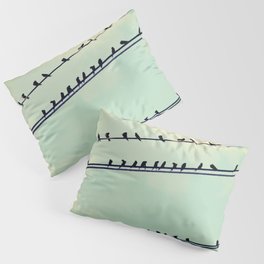 Birds on wires over blue sky with clouds background toned with a vintage retro filter Pillow Sham