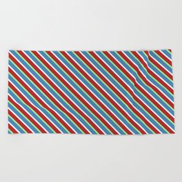 [ Thumbnail: Blue, Mint Cream, Red, and Green Colored Stripes/Lines Pattern Beach Towel ]