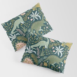 Dinosaurs with tropical leaves and flowers. Cute dino hand drawn illustration pattern. Cute dino design. Pillow Sham