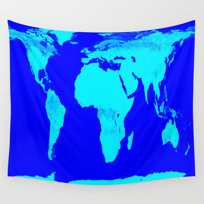 World Map Turquoise Blue Wall Tapestry