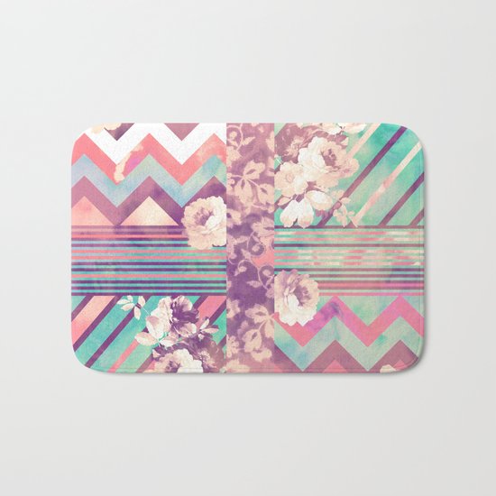 Retro Pink Turquoise Floral Stripe Chevron Pattern Bath Mat