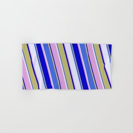 [ Thumbnail: Vibrant Royal Blue, Lavender, Plum, Blue, and Dark Khaki Colored Lined/Striped Pattern Hand & Bath Towel ]