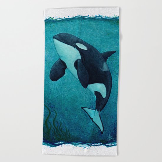 "The Matriarch" by Amber Marine ~ Orca / Killer Whale (J2 Granny) Watercolor Painting, (c) 2016 Beach Towel