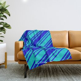 [ Thumbnail: Blue & Dark Turquoise Colored Stripes/Lines Pattern Throw Blanket ]