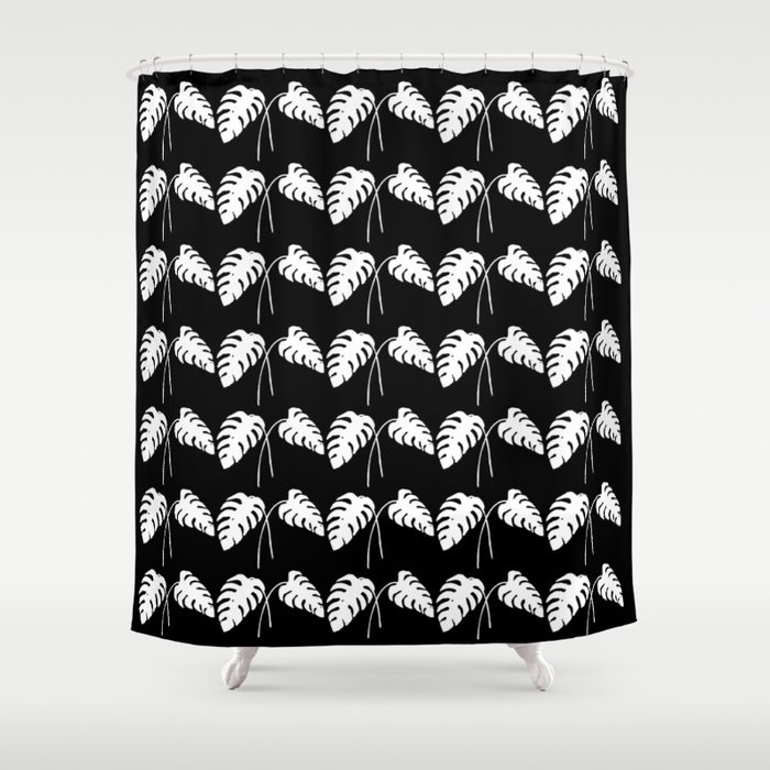 Tropical Monstera Leaves White on Black Shower Curtain