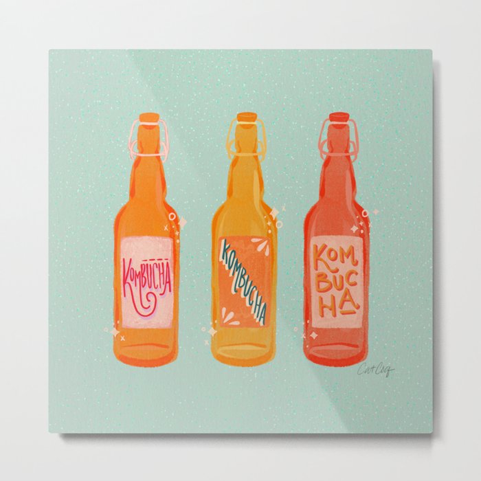 Kombucha Bottles - Mint Palette Metal Print | Painting, Kombucha, Bottle, Modern, Pattern, Food, Drink, Healthy, Organic, Summer