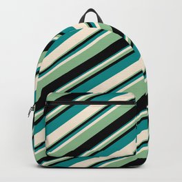 [ Thumbnail: Dark Cyan, Beige, Dark Sea Green, and Black Colored Lines/Stripes Pattern Backpack ]