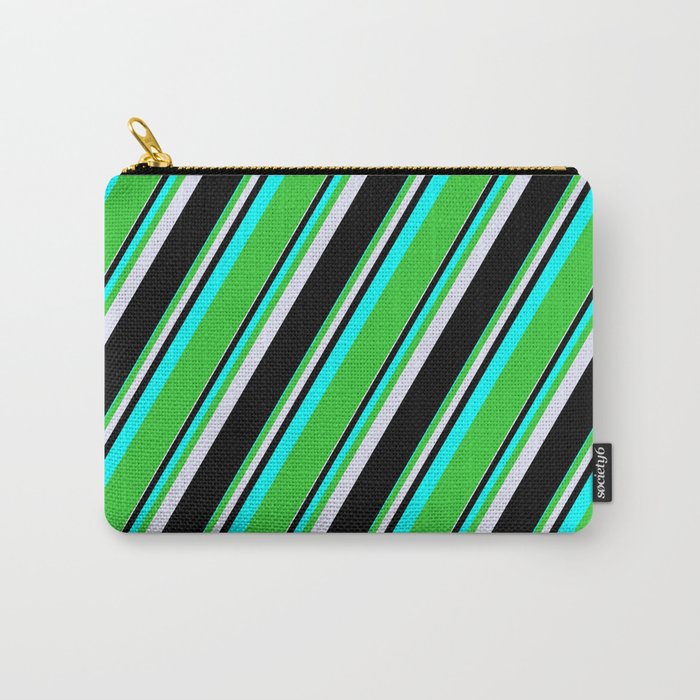 Cyan, Lime Green, Lavender, and Black Colored Pattern of Stripes Carry-All Pouch