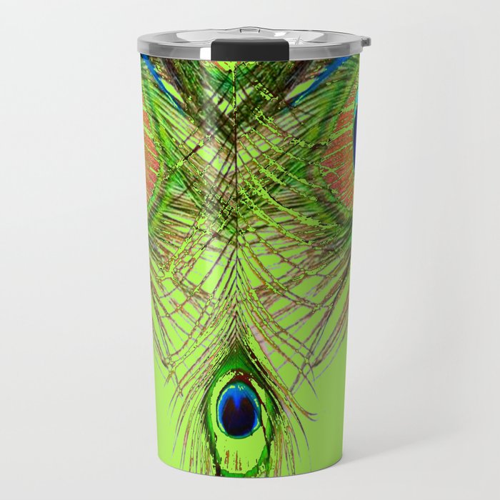 CHARTREUSE BLUE-GREEN PEACOCK FEATHERS ART PATTERNS Travel Mug