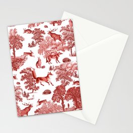 Red toile foxes, bunnies, deer in woodland Stationery Card