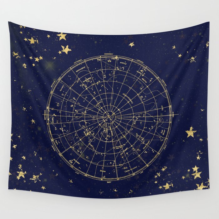 Metallic Gold Vintage Star Map 2 Wall Tapestry