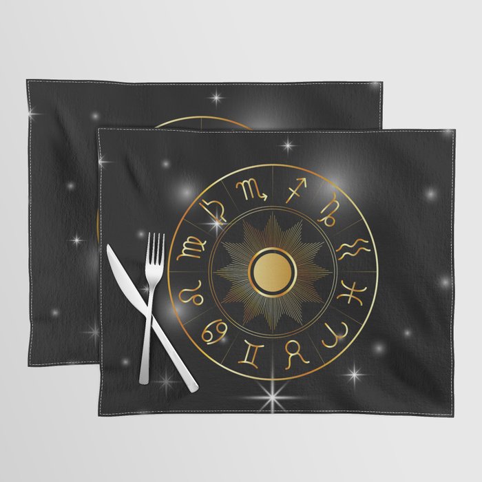 Zodiac astrology circle Golden astrological signs with moon sun and stars  Placemat