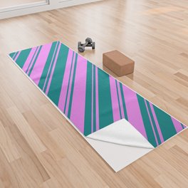 [ Thumbnail: Teal and Violet Colored Striped/Lined Pattern Yoga Towel ]