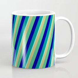 [ Thumbnail: Vibrant Dark Khaki, Sea Green, Dark Blue, Teal & Aquamarine Colored Striped Pattern Coffee Mug ]
