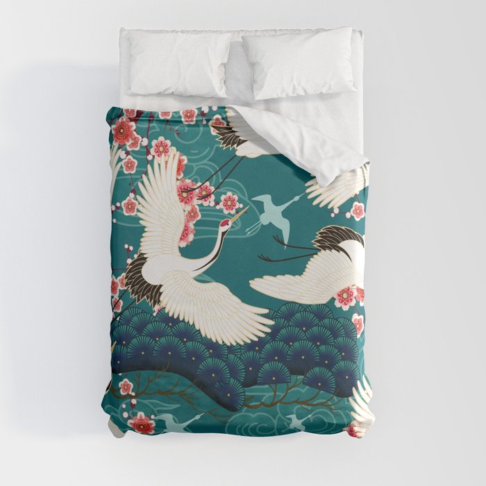 Japanese Crane Oriental Teal Ocean Pattern Duvet Cover