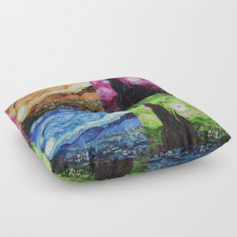 The Starry Night - La Nuit étoilée oil-on-canvas post-impressionist landscape masterpiece painting in alternate four-color collage gold, pink, blue, and green by Vincent van Gogh Floor Pillow