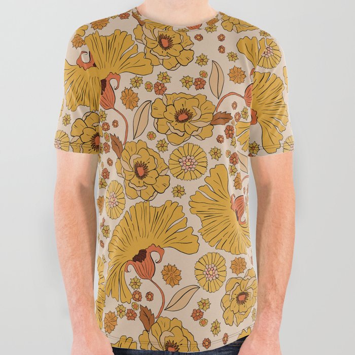 70s Floral Pattern All Over Graphic Tee